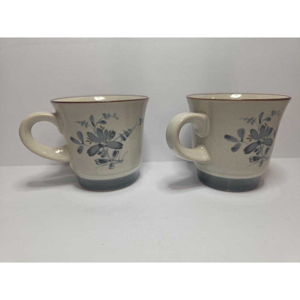 Lot of 2 Noritake 8344 Pleasure Stoneware Mugs Blue Flowers Brown Rim Japan - Picture 2 of 3